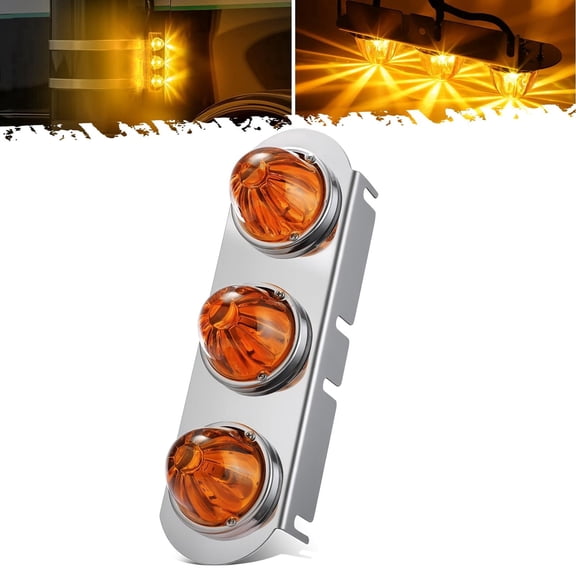 Partsam 1Pcs Radius-Style 14" Front Air Cleaner Light Bar with 3Pcs Glass Watermelon Lights, Stainless Steel Bracket, Compatible with Peterbilt Kenworth Freightliner Trucks, Amber Lens