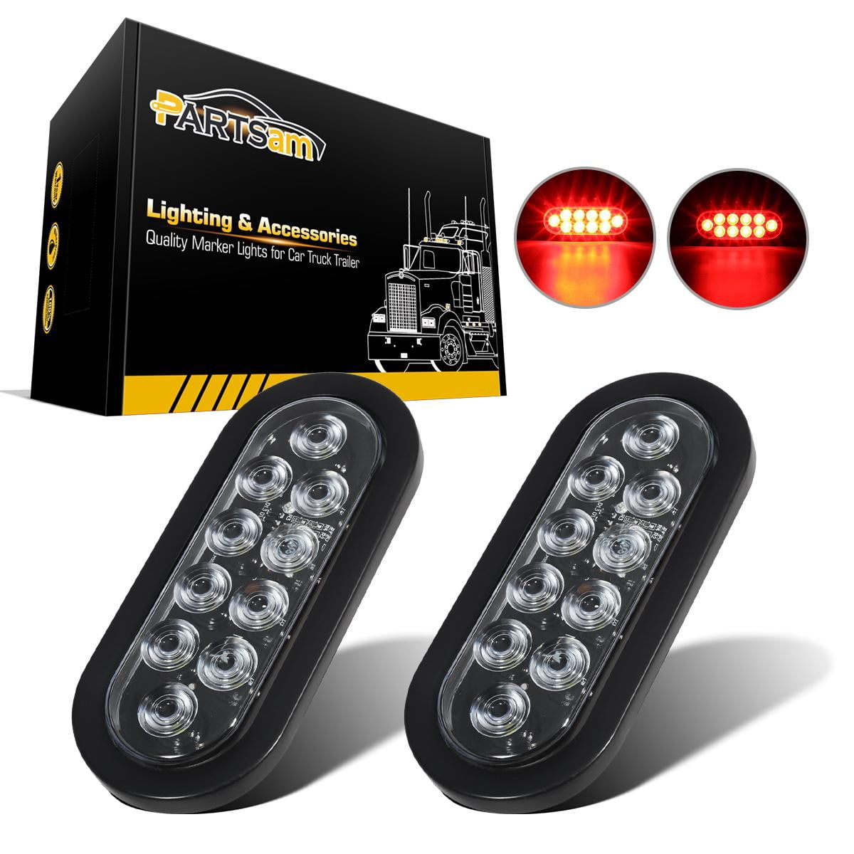 Partsam 2Pcs 6 Inch Oval Red Led Trailer Tail Lights 10 Diodes Clear Lens 12V Sealed for RV Trucks