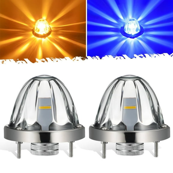 Partsam 2Pcs Dual Color Amber/Blue LED Glass Watermelon Lights with Stainless Steel Bezel, Watermelon Turn Signal Marker Lights Replacement for Kenworth Peterbilt Freightliner