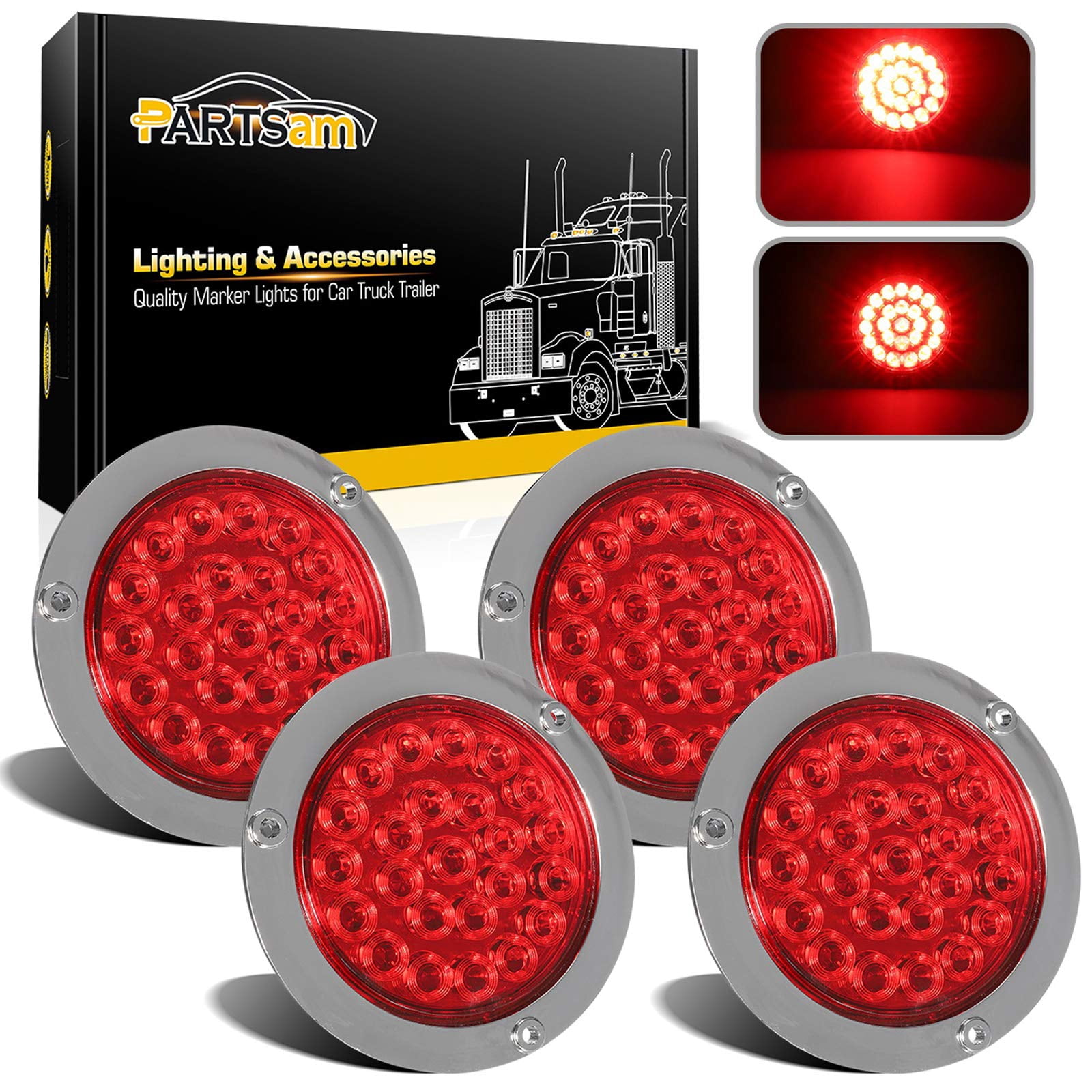 2 Pcs 4" Round LED Trailer Tail Lights - Red/White Stop, Brake, Reverse Lights, 16 LEDs, IP67 Waterproof