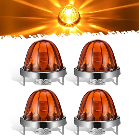 Partsam 4Pcs Amber Glass Lens Watermelon Lights [Patented] LED Side Marker Turn Signal Lights with Stainless Steel Bezel Replacement for Kenworth Peterbilt Freightliner