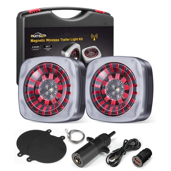 Partsam LED Wireless Trailer Lights Kit, Magnetic Tow Tail Lights Stop Brake Turn Running Reverse Light with License Plate Light USB Cable Charges for Trailers, Trucks, Boat, RV 12-24V