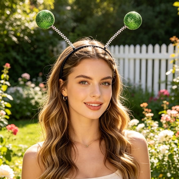 Party Aerial Headbands,with Glitter Balls Made of Plastic and Metal, Spring and Comfortable Headgear for Adults at Mars and Space Theme Parties (Green)