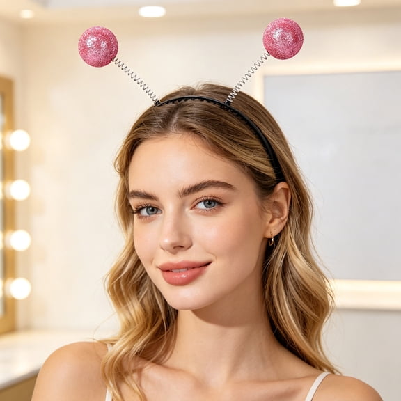 Party Aerial Headbands,with Glitter Balls Made of Plastic and Metal, Spring and Comfortable Headgear for Adults at Mars and Space Theme Parties (Pink)