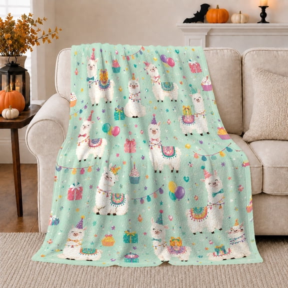 Party Alpaca Balloon Pattern in Playful Cartoon Style for Kids, Cupcake Garland Celebration Scene, Cozy Flannel Blanket for Bedroom and Playroom, Birthday Gift, Alpaca Home Decor