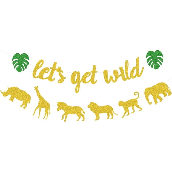 Party Animal Birthday Decorations - Glitter Safari Birthday Party Decorations - Jungle Safari Theme Let's Get Wild Banner - Party Supplies (Gold Green)