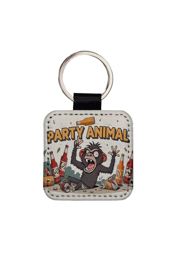 Party Animal Crazy Monkey Faux Leather Square Keychain