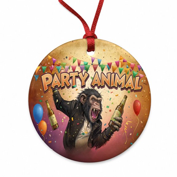 Party Animal Wild Drinking Monkey Christmas Tree Holiday Round Ceramic Ornament