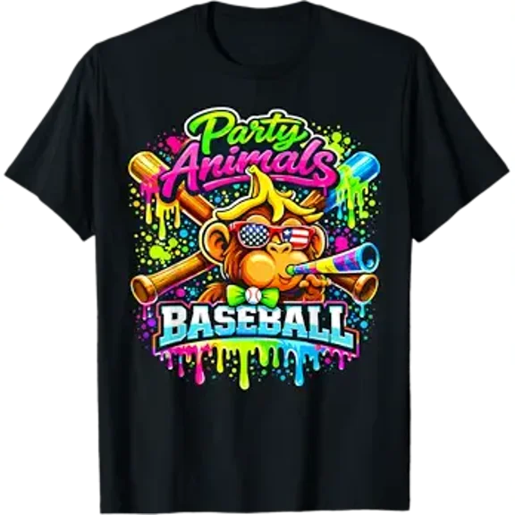 Party Animals Baseball Monkey Graphic T-Shirt Colorful Drip Paint Design Street Style Baseball Fan Apparel Festival Sports Gift Unisex Cotton T-shirt, Sizes S-5XL