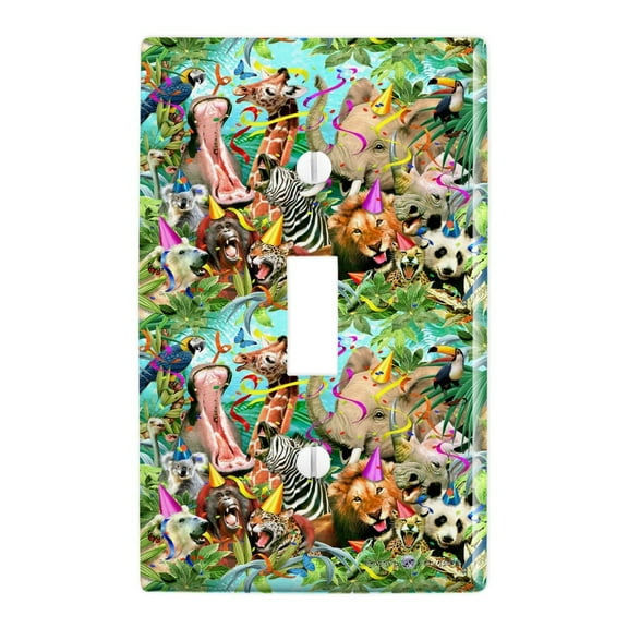 Party Animals Birthday Lion Zebra Elephant Giraffe Pattern Plastic Wall Decor Toggle Light Switch Plate Cover