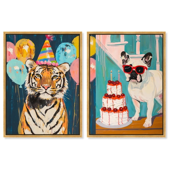 Party Animals 2 Panel Set Canvas Print Maximalist Art Print by Art Remedy, Gold Frame, 16 x 24