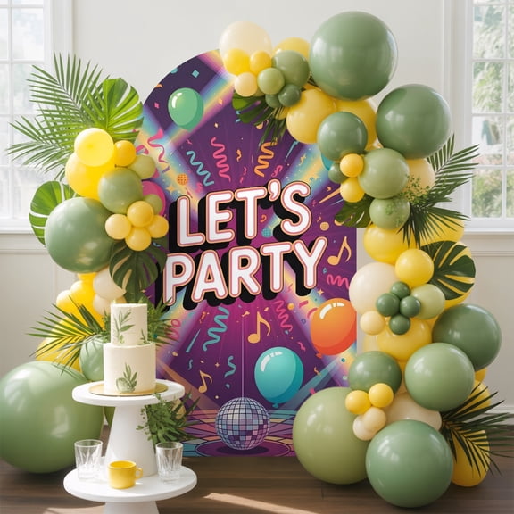 Let's Party Arch Backdrop Cover, 4FT, Modern Fashion Colorful Balloon Ribbons Musical Notes Spandex Arch Covers Double-Sided Backdrop for Wedding Birthday Party Photo Background Decoration