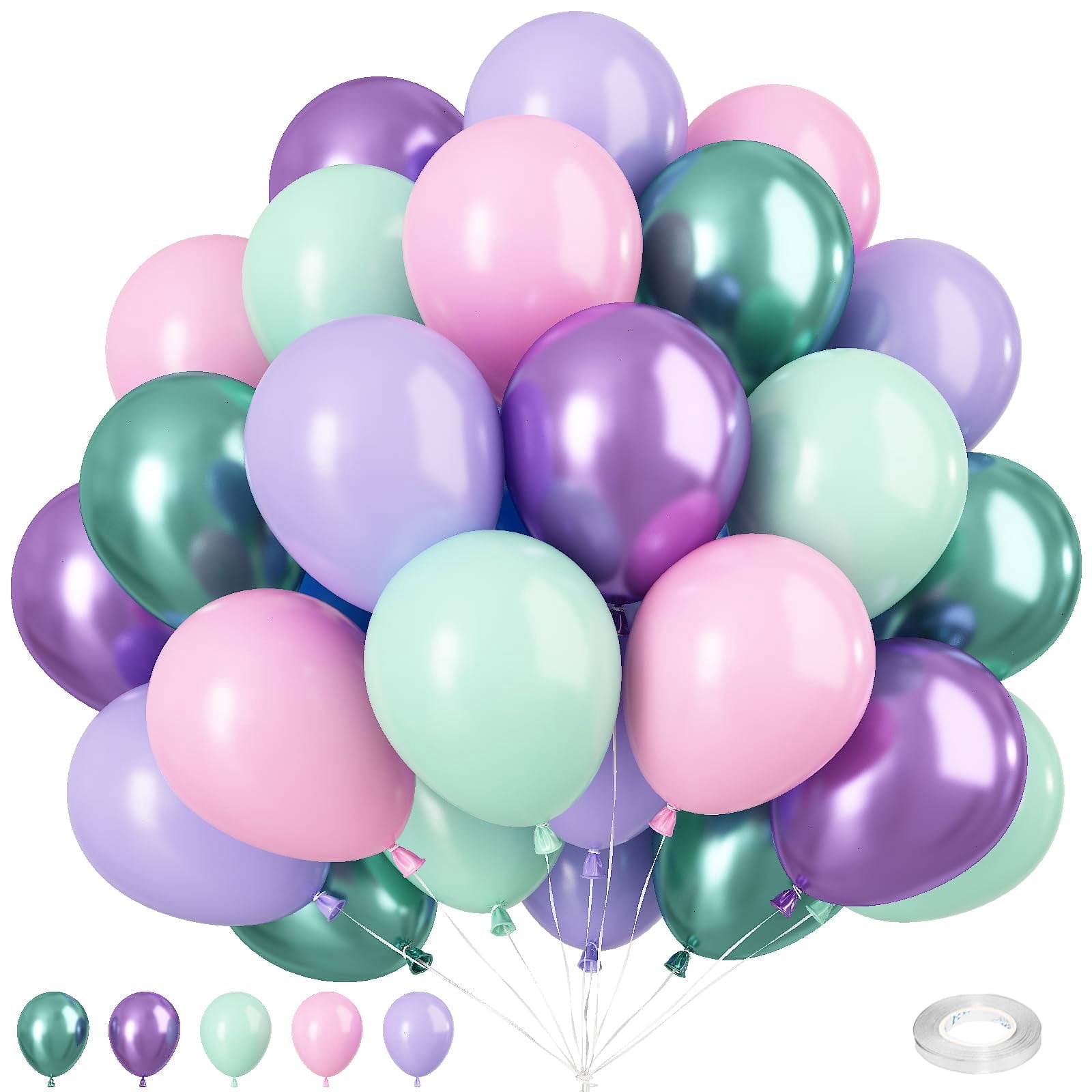 Party Balloon Set, 60 Packs 12 Inches Metallic Purple Pink Green Blue Latex Balloons for Girls Mermaid Birthday Party Decoration, Baby Shower, Birthday, Under The Sea Party Decorations