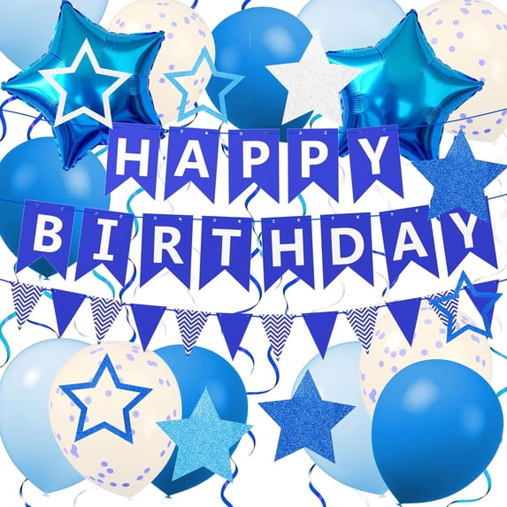TickJOY Blue Happy Birthday Banner for Boys - Happy Birthday Decorations Set with Star Foil Balloons, Latex Balloons & Pennant Banner, Party Decorations for Boys Birthday, Teen Blue Parties