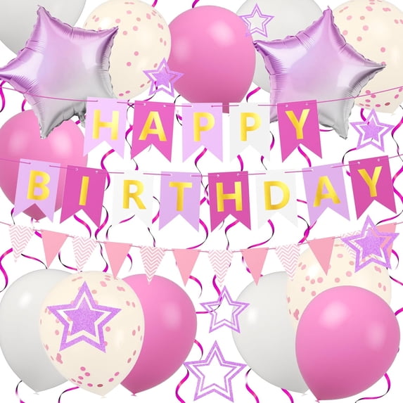 TickJOY Pink Happy Birthday Banner for Girls - Happy Birthday Decorations Set with Star Foil Balloons, Latex Balloons & Pennant Banner, Party Decorations for Girls Birthday, Teen Pink Parties