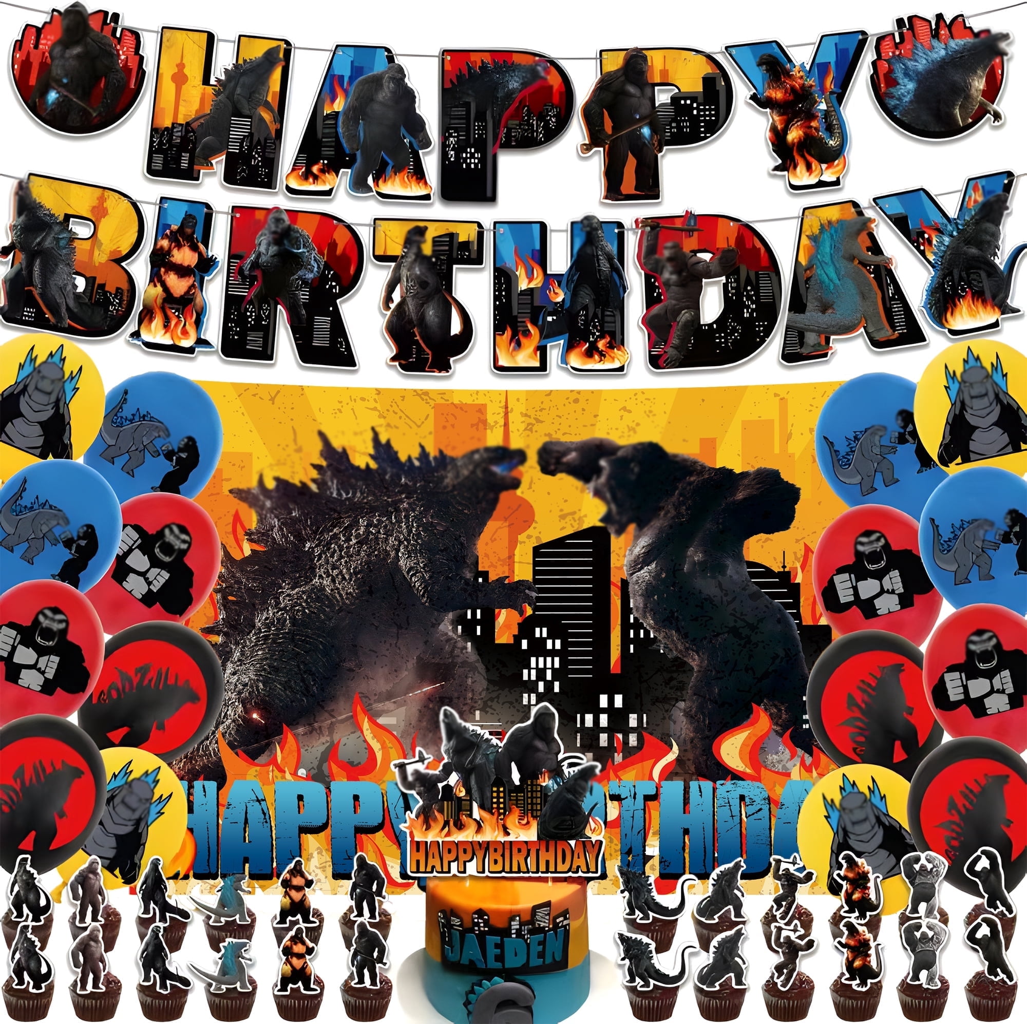 RTDTR Party Birthday Decorations Supplies Set Include Backdrop,Cake Cupcake Toppers,Banner,Balloons for Boys Girls Monster Theme