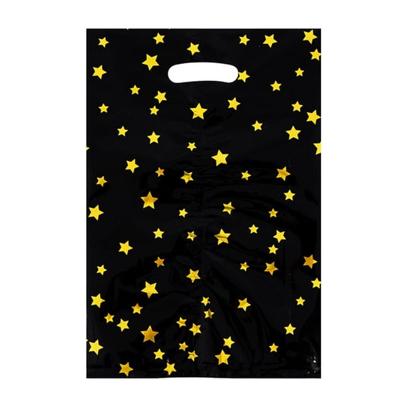 Party Candy Bags, Black Gold Star Pattern, 10 Pack, Plastic Treat Bags for Birthday Party Holiday Celebrations