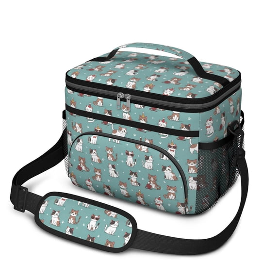 Party Cat and Yarn Teal Pattern Insulated Lunch Box for Women Men, Medium Leakproof Cooler Bag with Adjustable Strap, 10"x6.7"x8"