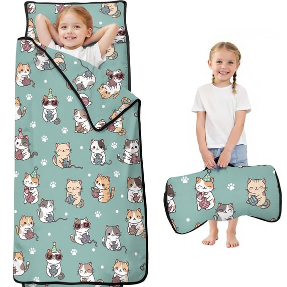 Party Cat and Yarn Teal Pattern Teens Toddler Nap Mat with Pillow, Sleeping Mat Bag for Preschool Daycare 59"x22"