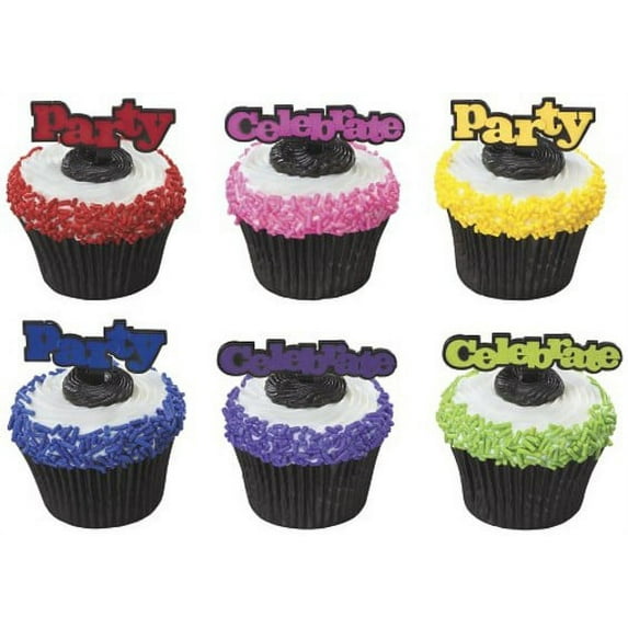 Party Celebrate Red Pink Yellow Blue Purple Green -24pk Cupcake / Desert / Food Decoration Topper Picks with Favor Stickers & Sparkle Flakes