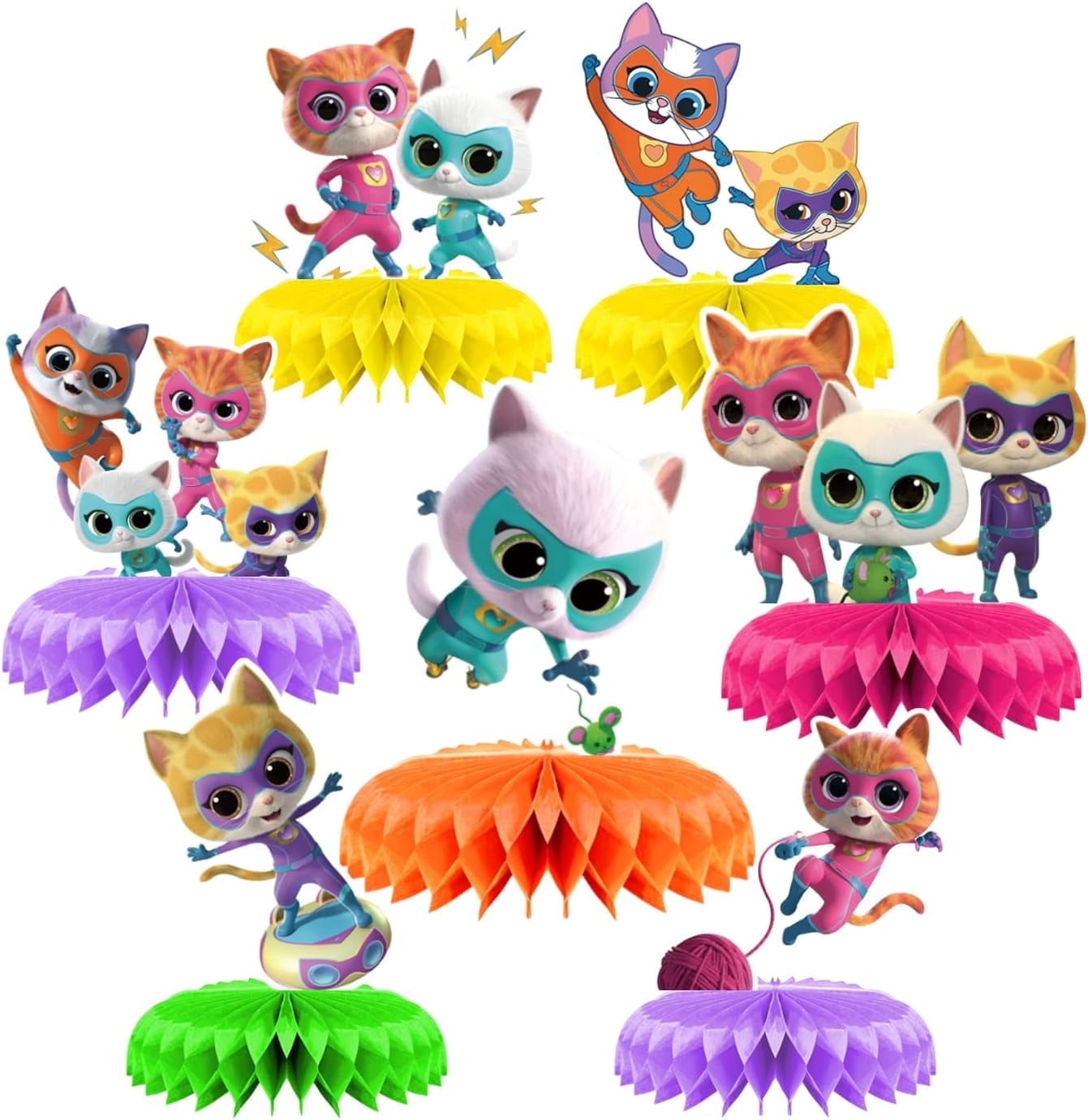 Super Kitty Party Centerpieces Theme Party Supplies, Happy Birthday Super Kitty Party Decorations Double Sided Table Toppers Honeycomb Centerpieces