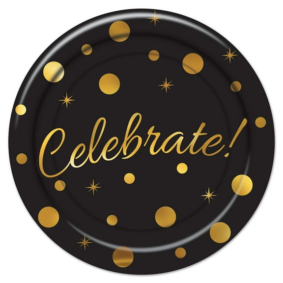 Party Central Club Pack of 12 Black and Gold 'Celebrate' Graduation Plates Decors 7"