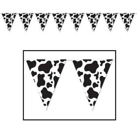 Club Pack of 12 Black and White Cow Printed Pennant Hanging Banner Decors 12'
