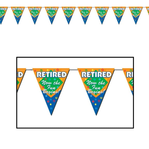 Club Pack of 12 Orange and Blue Retired The Fun Begins! Pennant Banner 12'