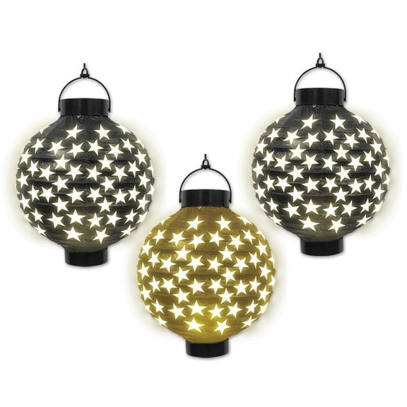 Party Central Club Pack of 18 Black and Gold Light-Up Stars Paper Lantern Hanging Decors 8"