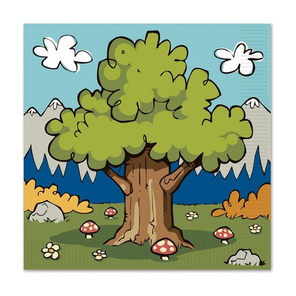 Club Pack of 192 Green and Blue 2-Ply Cartoon Tree Napkins 13"