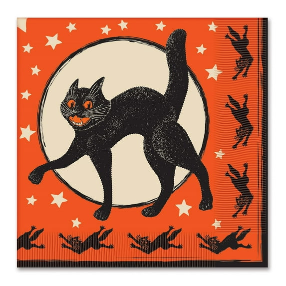 Party Central Club Pack of 192 Orange and Black 2-Ply Vintage Cat Halloween Disposable Lunch Napkins