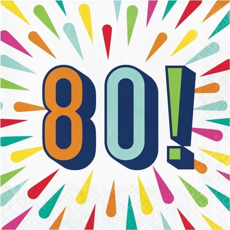 Club Pack of 192 White and Blue "80!" Birthday Burst 2 Ply Disposable Luncheon Napkin 6.5"
