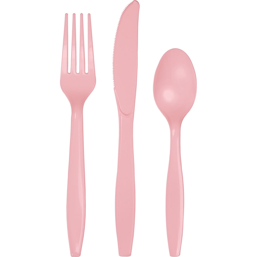 Party Central Club Pack of 216 Decorative Classic Pink Plastic Party Knives, Forks and Spoons