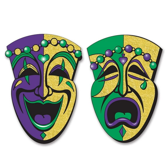 Club Pack of 24 Purple and Green Glittered Drama Face Mardi Gras Cutout Party Decors 24.5"