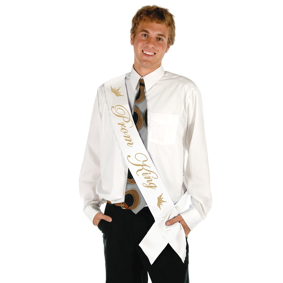 Party Central Club Pack of 6 White and Gold Prom King Sashes 33"