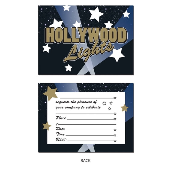 Party Central Club Pack of 96 Black and Gold "HOLLYWOOD Lights" Party Invitations 5.5"