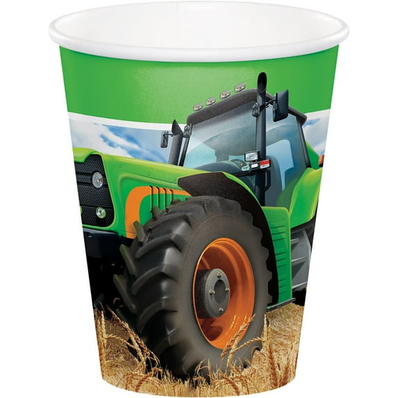 Club Pack of 96 Green and Black Disposable Tractor Hot and Cold Beverage Cups 9 oz.