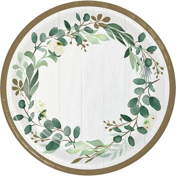 Party Central Club Pack of 96 Green and White Disposable Eucalyptus Round Paper Banquet Plates 10"