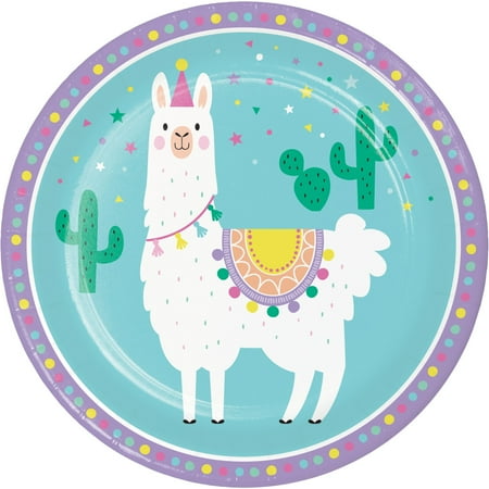 Party Central Club Pack of 96 Mint Green and White LLAMA Printed Dessert Plates 8.8&quot;