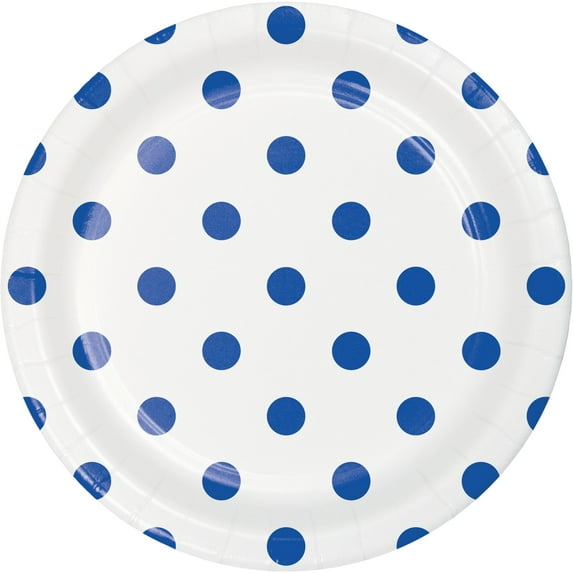Party Central Polka Dot Disposable Paper Dessert Plates - 6.75" - Blue and White - Club Pack of 96