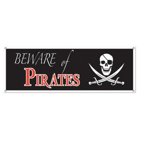 Party Central Pack of 12 Black 'Beware of Pirates' Skull Banners with Grommets 5'