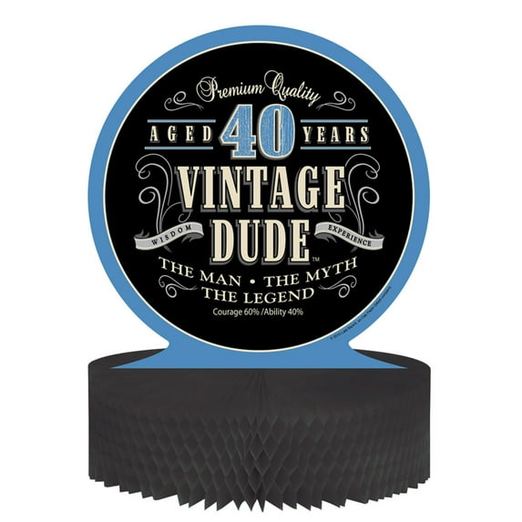 Party Central Pack of 6 Black and Blue "Vintage Dude 40 Years" Honeycomb Party Centerpieces Decors