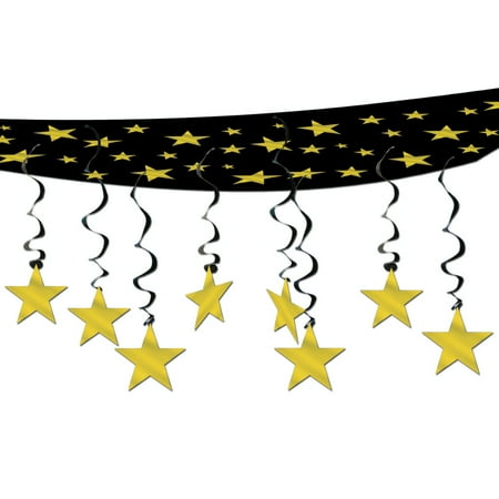 Party Central Pack of 6 Black and Gold Hollywood Party Stars Hanging Ceiling Decors 12'