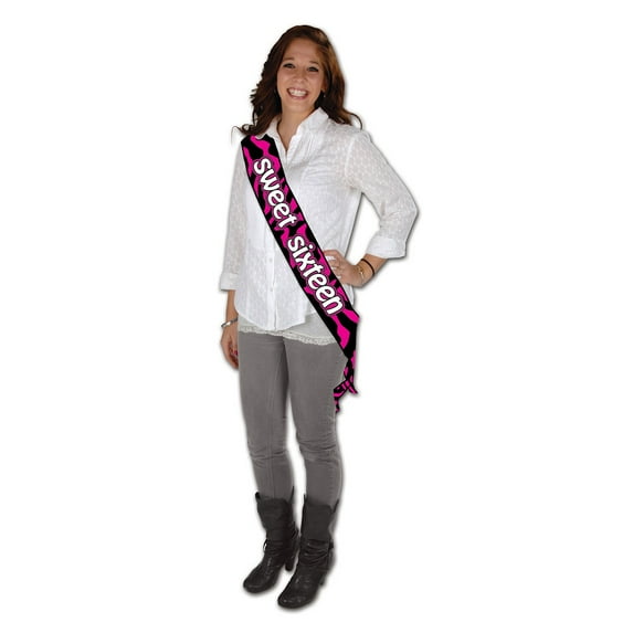 Party Central Pack of 6 Pink and Black 'Sweet Sixteen' Sash Costume Accessories 33"