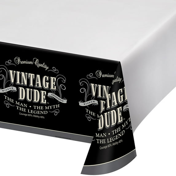 Pack of 6 White and Black "Vintage Dude" Disposable Banquet Party Table Covers 108"