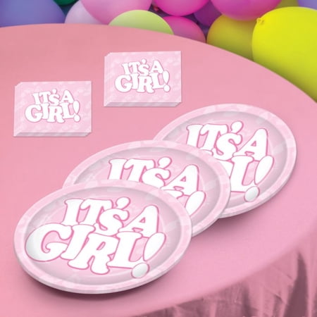 Beistle Disposable It's A Girl Party Dinner Plates - 9" - Pink and White - Pack of 96