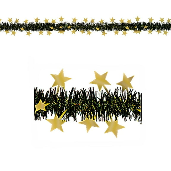 Party Central Star Metallic Tinsel Party Garlands - 12' - Black and Gold - Club Pack of 12