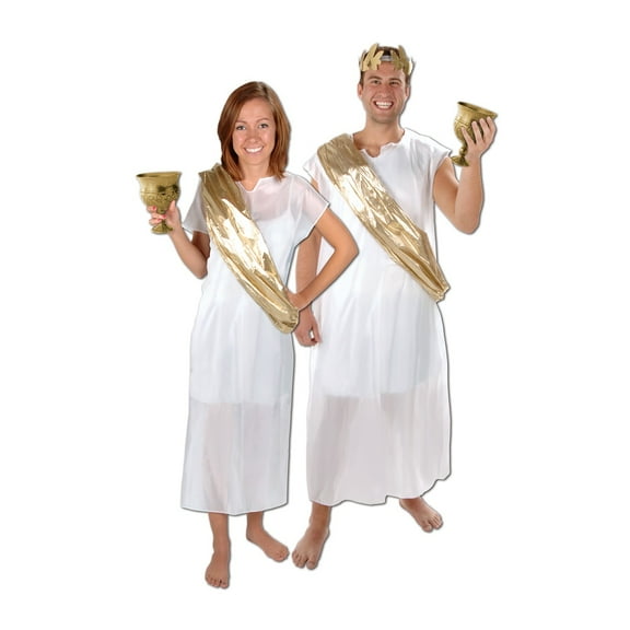 White and Gold Roman Toga and Sash Set Unisex Adult Halloween Costume - One Size