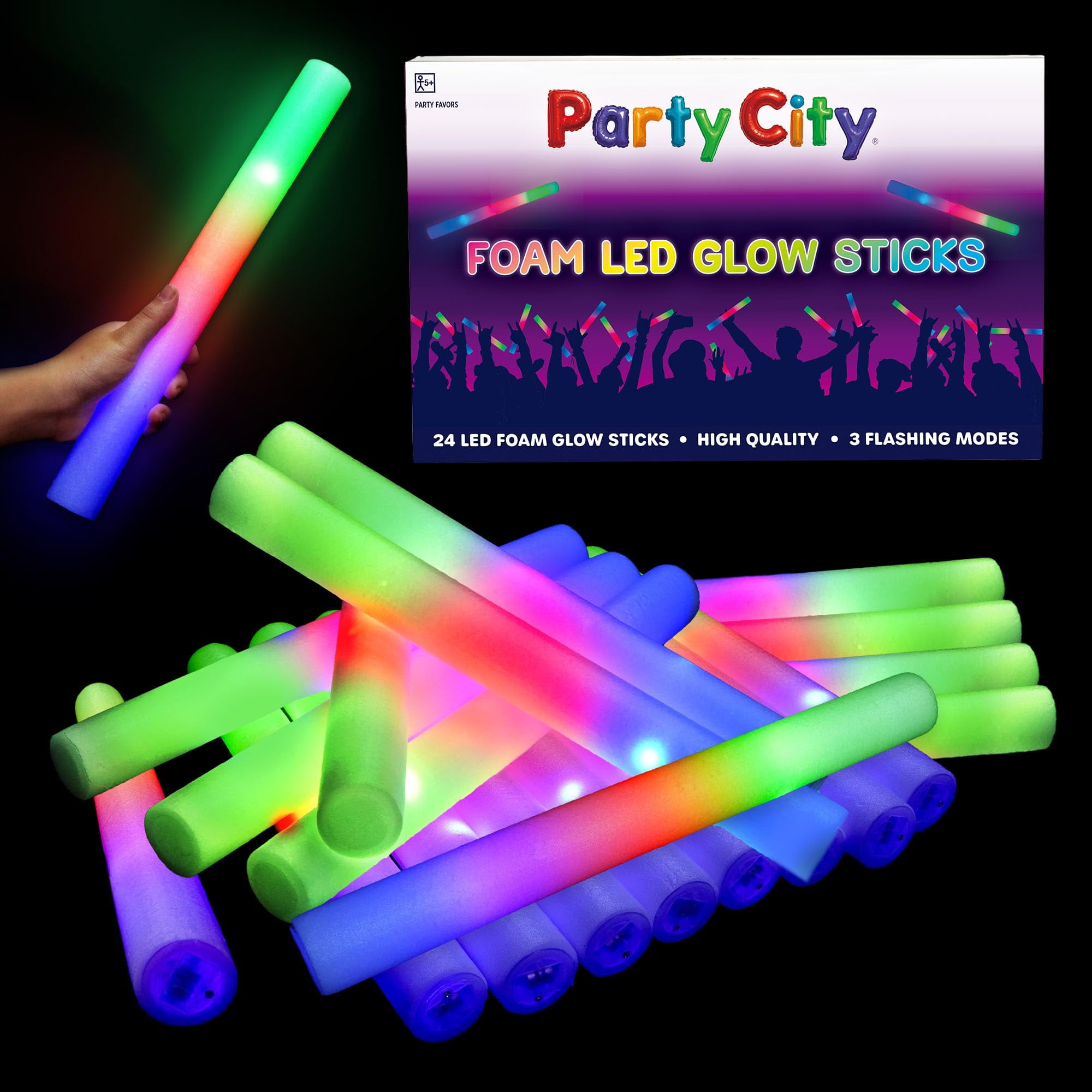 Party City 24pk LED Foam Glow Sticks 14- Glow in the Dark Party Supplies Favors, Colorful Flashing Wand with 3 Modes, Light Up Foam Sticks Bulk Party Pack for Wedding, Birthday, Concert, Halloween