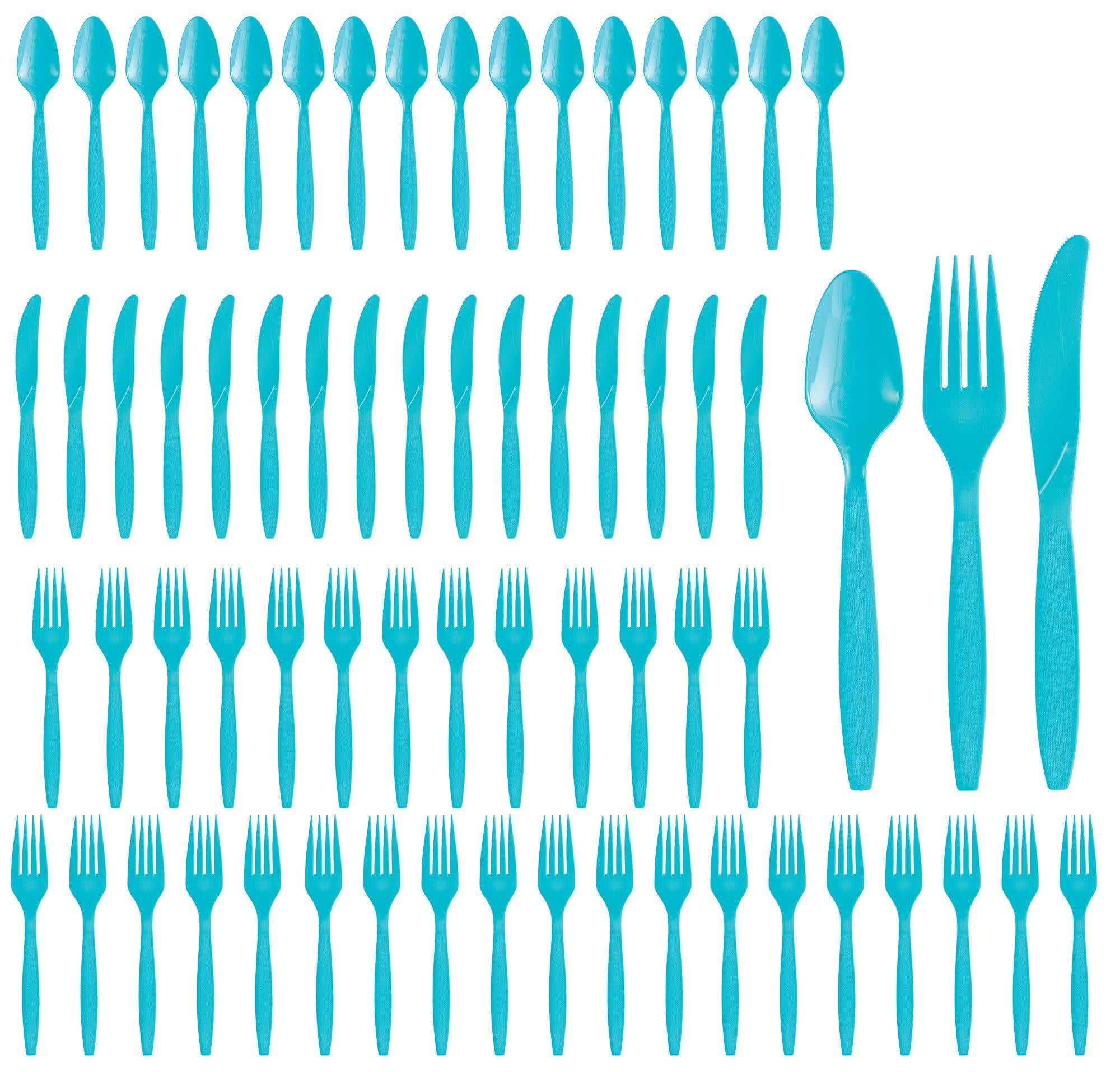 Party City Assorted Disposable Cutlery Set, 64-Piece Set (Caribbean Blue) - 32 Forks, 16 Knives & 16 Spoons - Go Brightly Heavy Duty Disposable Plastic Forks, Spoons & Knives - Party Supplies Cutlery